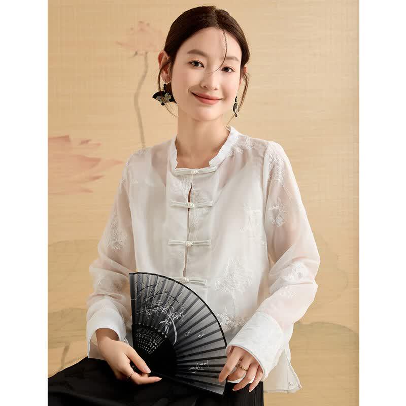 ORIGIN Chinese Style Print Long-Sleeve Cardigan Shirt XL белый