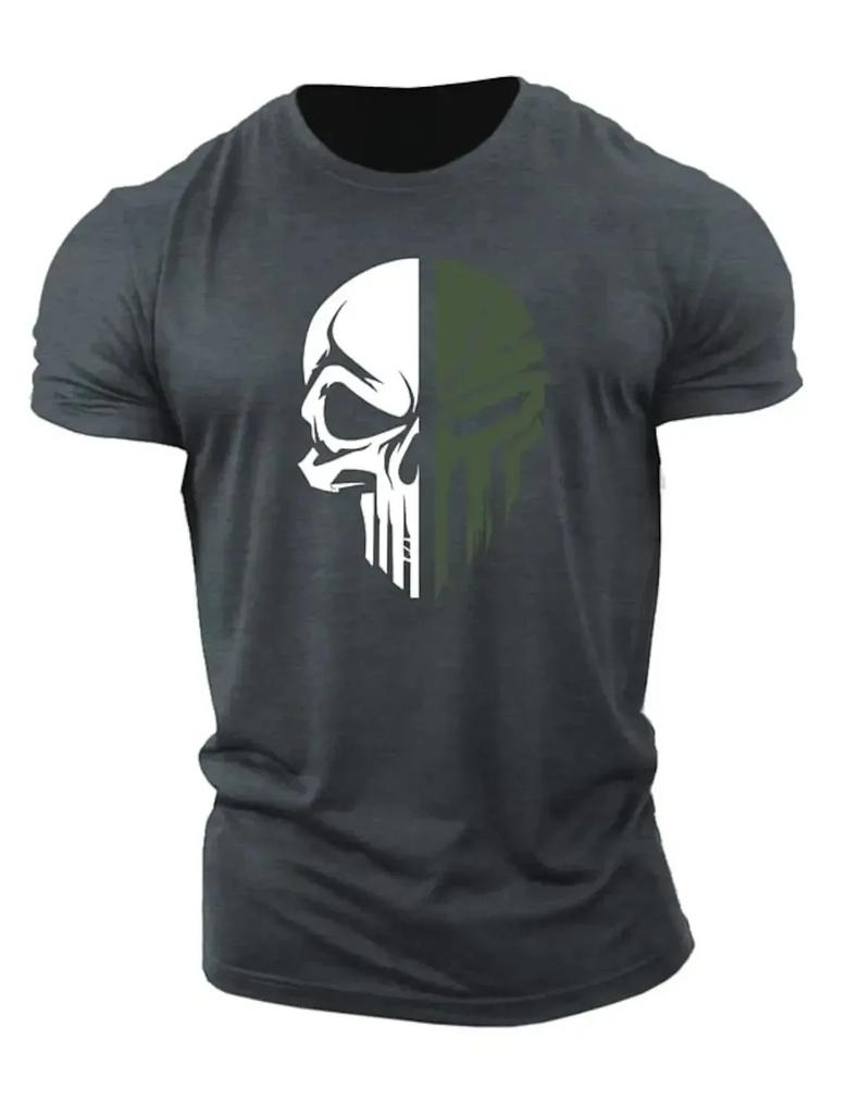 Summer Men's 100% Pure Cotton Skull Print Round Neck T-shirt Plus Size Fitness Sports Outdoor Adult Short Sleeved Shirt