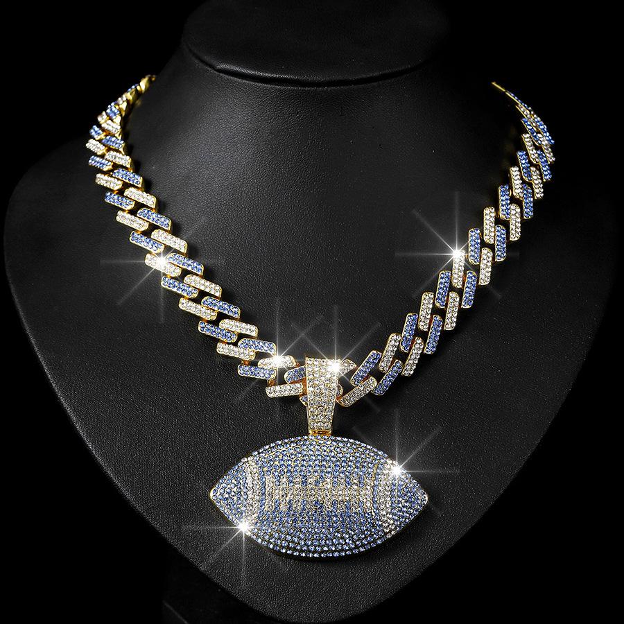 TEMU Hot Selling Full Diamond Colored Rugby Alloy Pendant, European and American Hip-hop Colored Cuban Chain Men's Necklace