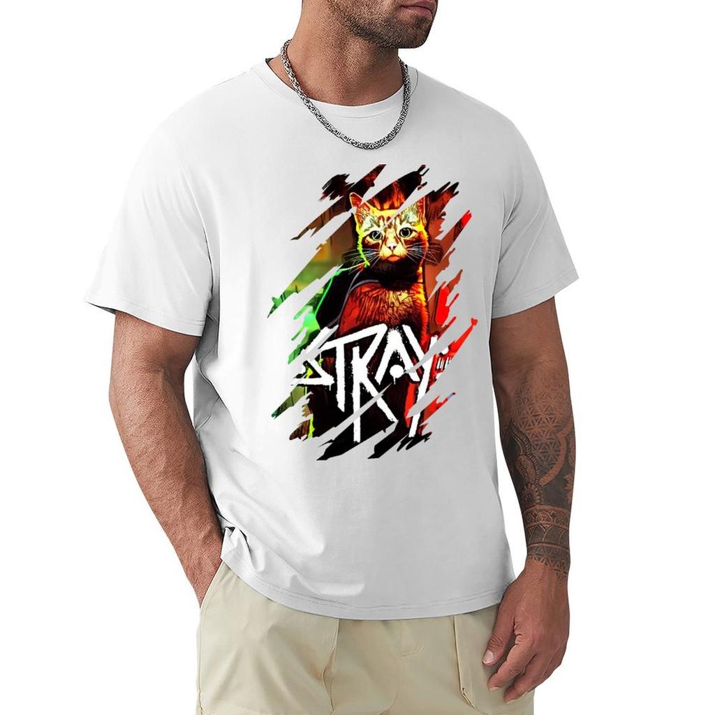 Stray Game, Cooles Design T-Shirt Schwergewichts-Shirts Grafik-Tees Jungen Tierdruck Einfache weiße T-Shirts Herren