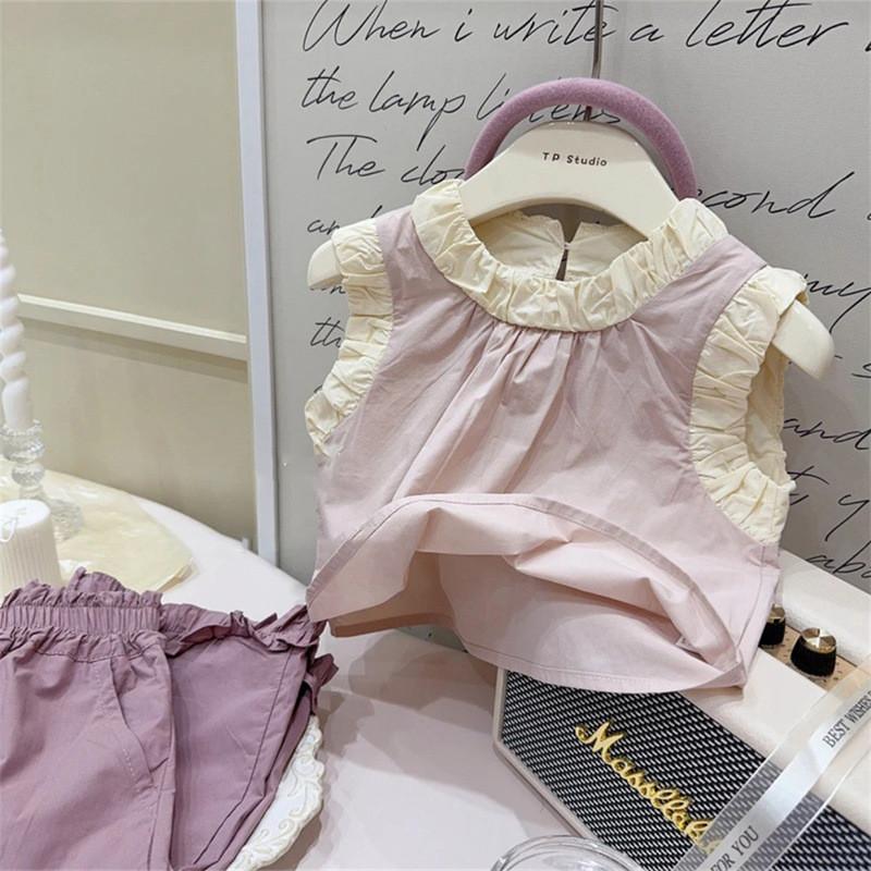 

Cute Summer Cotton Two Piece Set For Girls Featuring Sleeveless Top And Wide Leg Pants Light Purple Top,Size 90