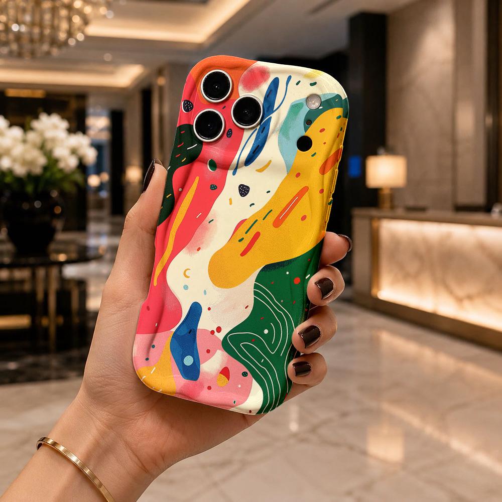 Abstract Color Block Doodle Phone Case For iPhone 17 16 15 14 13 12 11 Pro Max Plus Wavy Edge Protective Cover