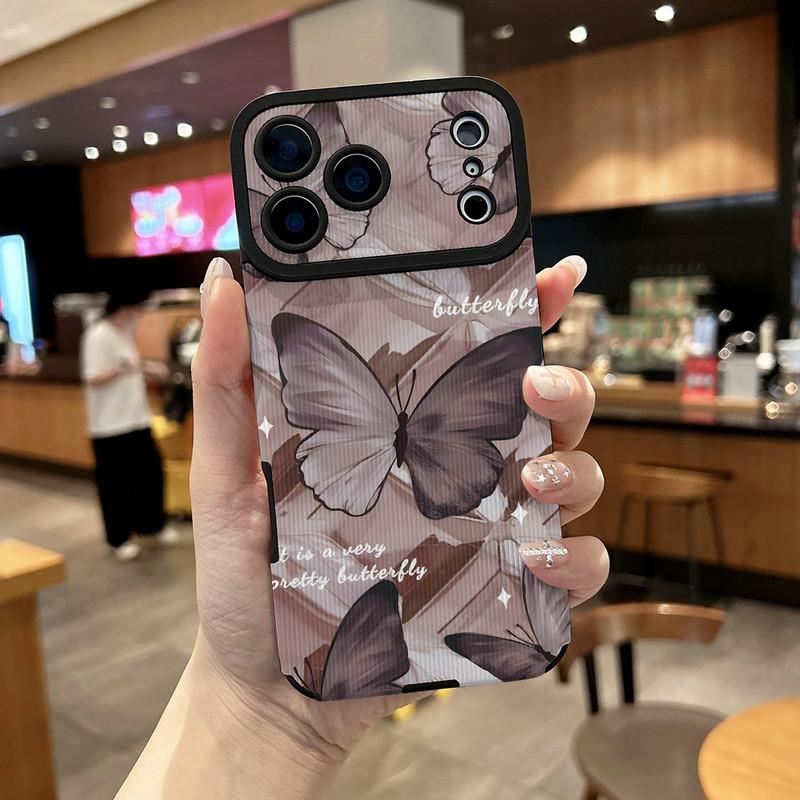 Butterflies Printed Vertical Grain Leather Soft Silicone Phone Case Back Cover with Camera Lens Full Protection for iPhone 17