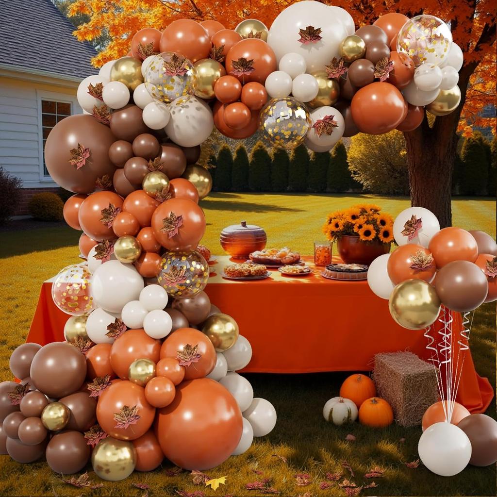 215pcs Fall Balloon Arch Kit with Burnt Orange Coffee Brown Sand White Balloons Maple Leaves for Fall Thanksgiving Autumn Harvest Birthday Party