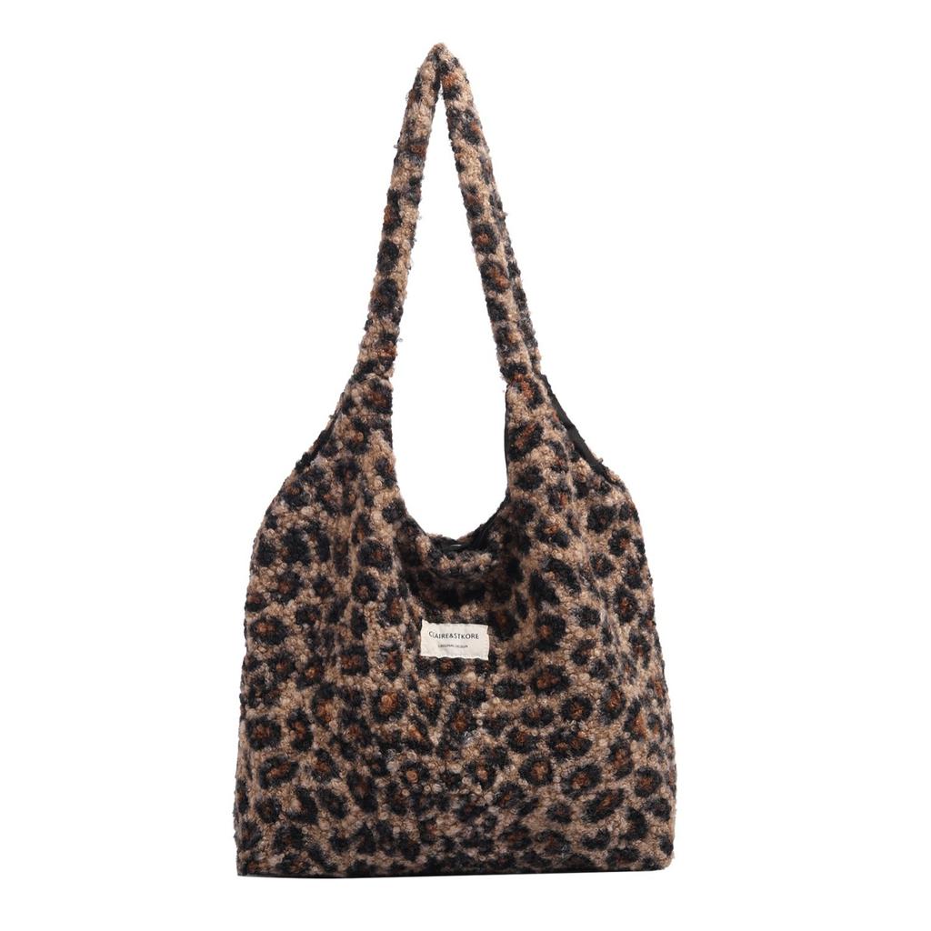 Leopard Print Fur Bag Women's New Winter College Style Tote Bag Large Capacity Japanese Single-shoulder Plush Bag