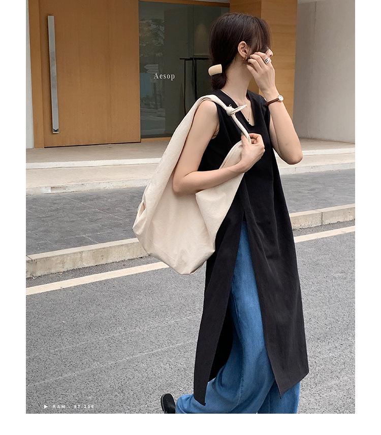 2025 Summer Sleeveless V-neck Linen Cotton Over-the-Knee Dress for Women - Solid Color, Simple Slit Design