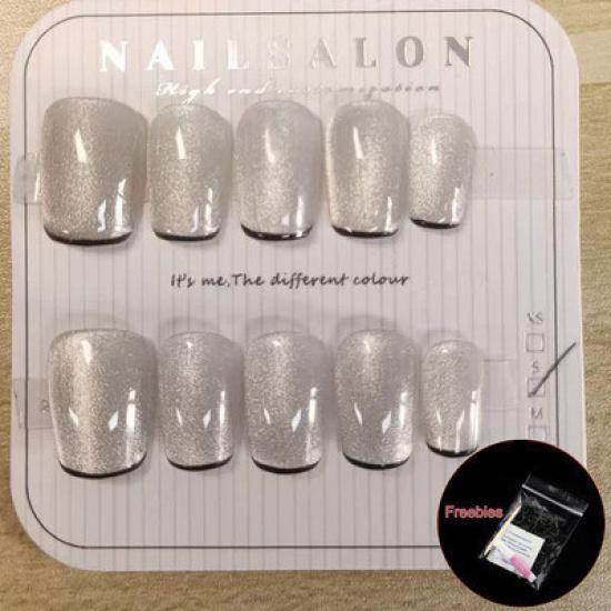 

Круглая форма гроба ручной работы, шампанское, серебро, французский кончик, ногти «кошачий глаз», короткие круглые накладные ногти с клеем, простые универсальные накладные ногти для фототерапии Coffin shape-L