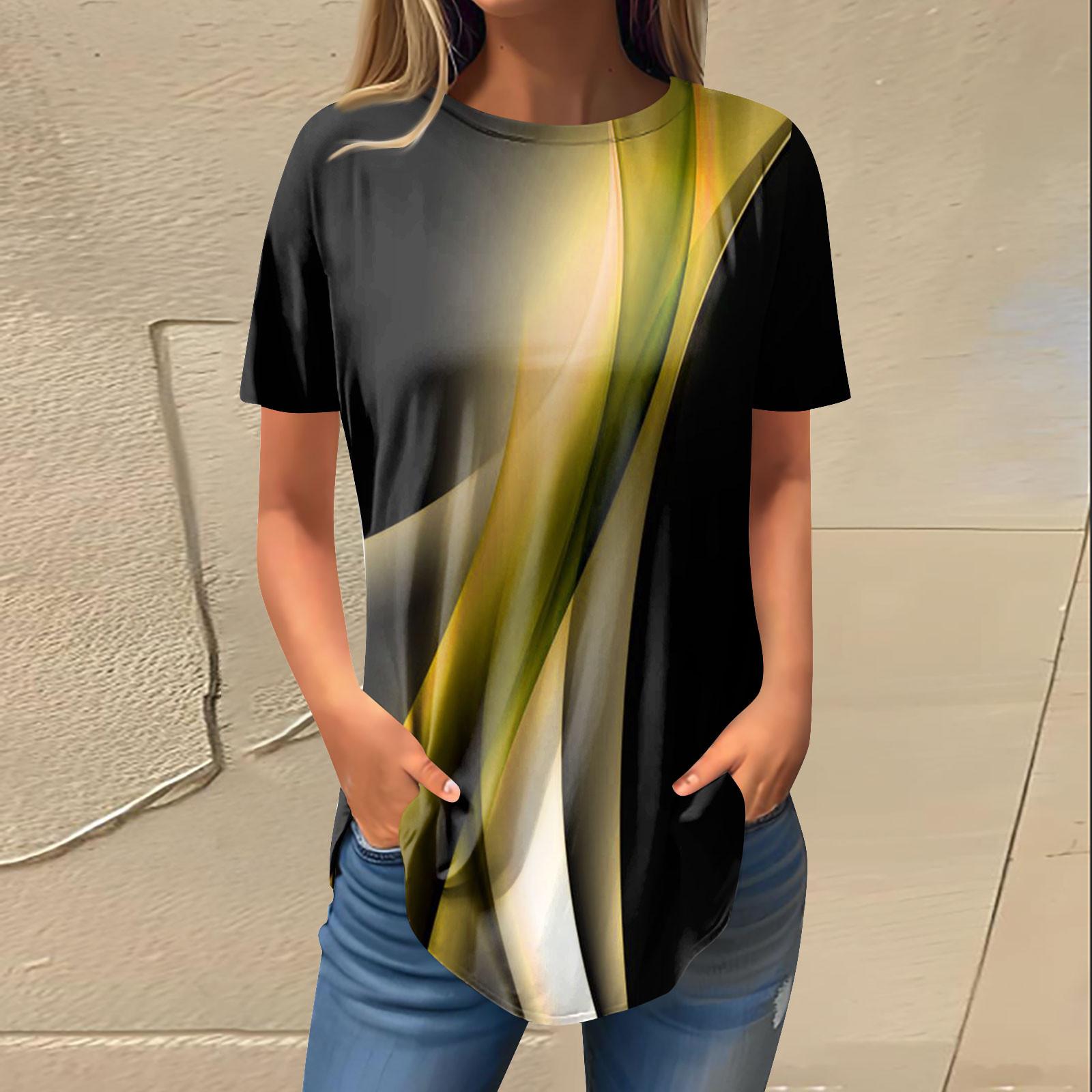 

Женская мода, повседневная футболка с круглым вырезом и принтом, пуловер с короткими рукавами, топ XL жёлтый