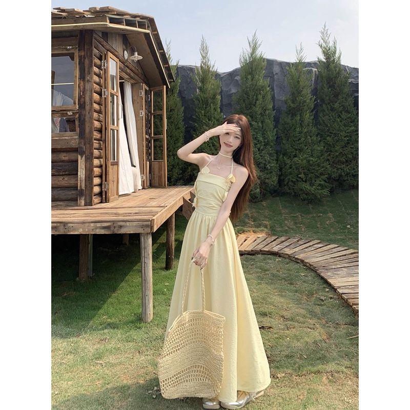 Kumikumi French Style Gentle Style Yellow Hanging Neck Tube Top Dress Women Summer Waist Hugging Slimming A- Line Skirt Long Dress