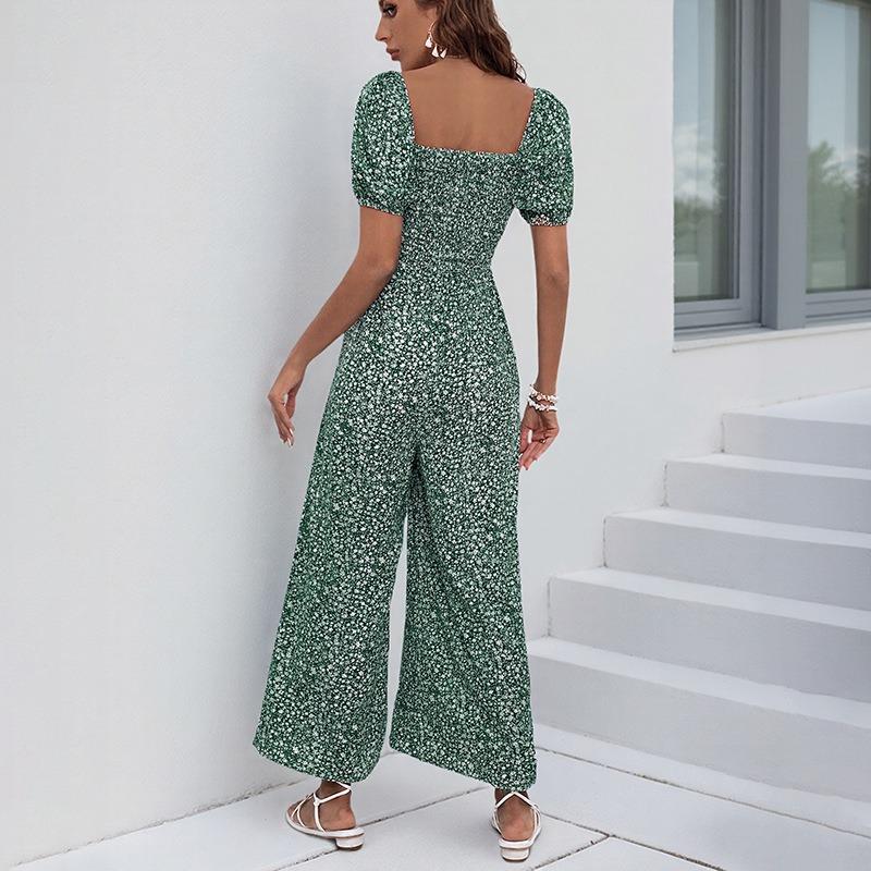 VEZFAA Women's Fashion Casual Summer Spring Short Sleeve Square Collar High Waist Trousers Jumpsuits & Rompers