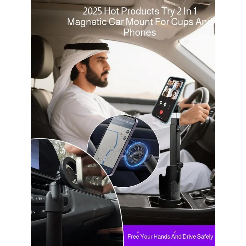 Universal Car Magnetic Mobile Phone Holder with Cup Holder Function 2-in-1 Vertical Horizontal Rotation