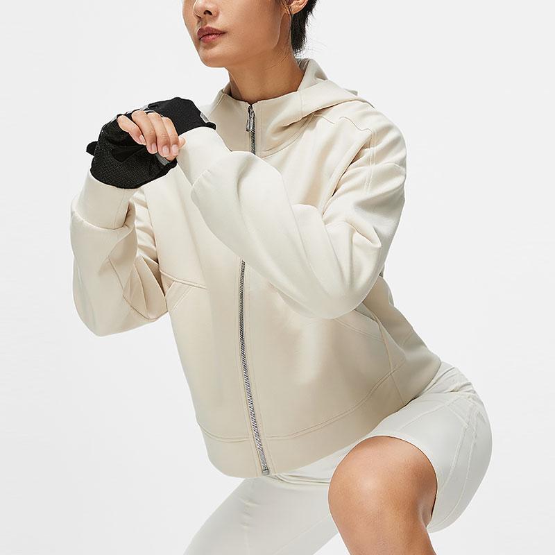 Li Ning Fitness Series Solid Color Hooded Zero Carbon Modal Skin-Friendly Open Front Knitted Loose Cardigan Sweatshirt Women Sweatshirt AWDU108-2