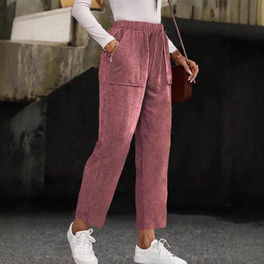 New Fall Women's Clothing Solid Elastic Waist Corduroy Pants Women Straight Leg Casual
