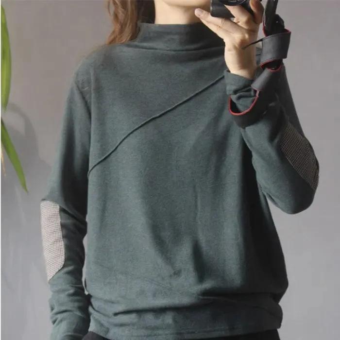 Women's Ethnic Patchwork Thermal Fleece Pullover - Mock Neck, Autumn/Winter, Loose Fit