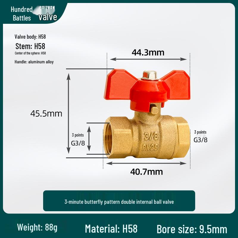 Dual Internal Thread Ball Valve for Water Heater and Gas Pipe, Copper Switch, Sizes: 2 To 6 Points, 1 Inch