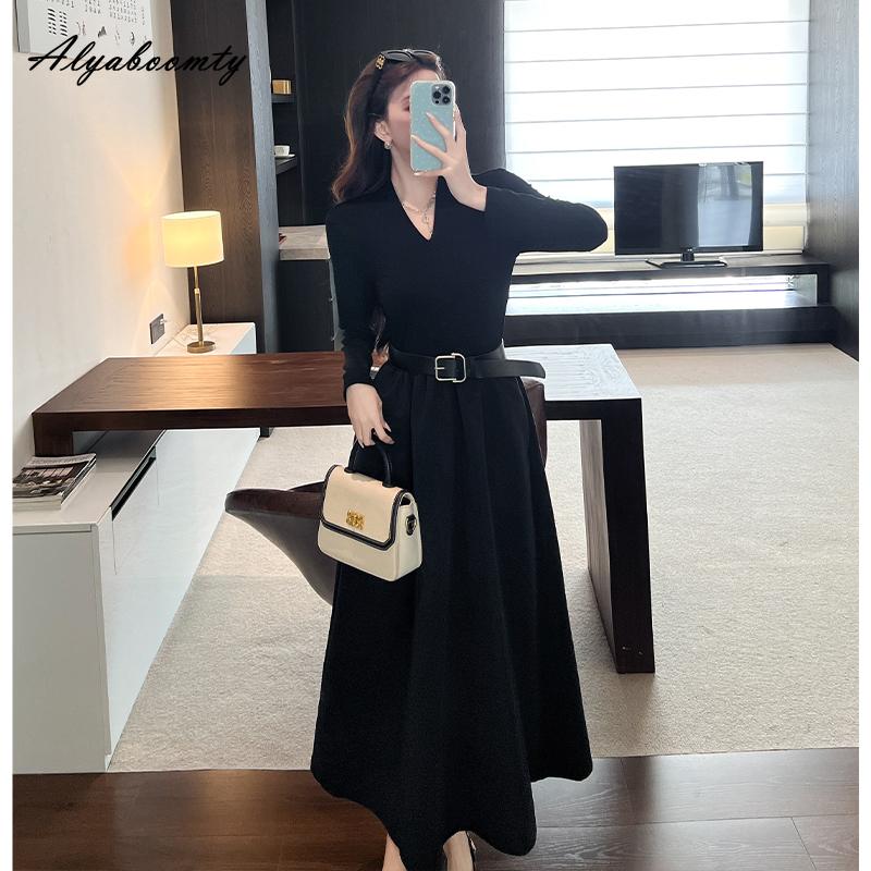 Elegant Fashion Autumn Winter Women Sweater Dress V Neck Kntting Thick Warm Midi Dress Office Lady Black Knitted Dress With Belt