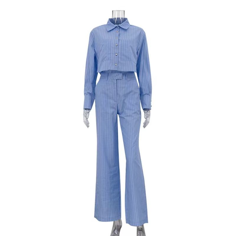 

Fashion Style New Arrival Fashion Stripes Shirt Loose Pants Suit Striped Shirt and Pants Set Blue L