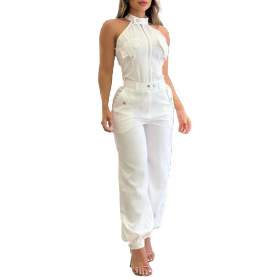 

Women s Summer 2 Piece Set Zip Up Sleeveless Halter Top And Cargo Pants Sets Casual Travel Vacation Outfits with Pockets S білий