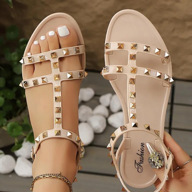 Fashion 2025 Fashion Ladies Shoes Open Toe Women's Sandals Summer Casual New Rivet Best Seller Comfortable Flat Sandals Zapatos Mujer