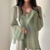 Spring Summer Long Sleeved Knitted Sunscreen Shirt See Through Retro Casual Simple Loose Hollow Out Thin Blouse V Neck Solid Color Top Clothing
