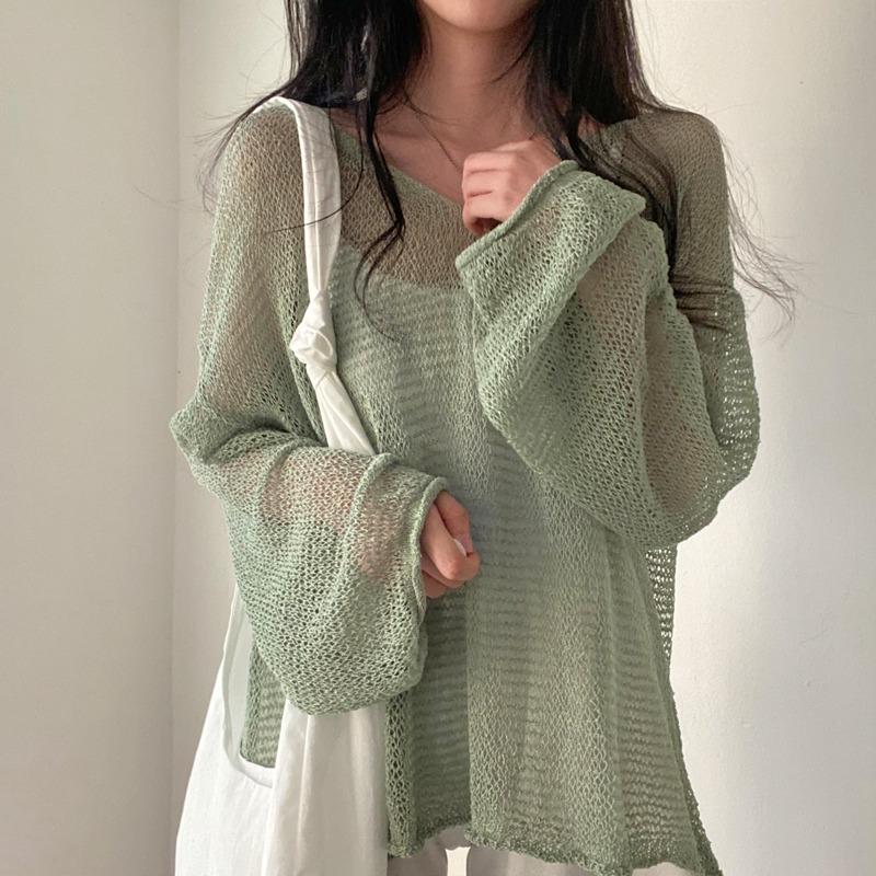 Spring Summer Long Sleeved Knitted Sunscreen Shirt See Through Retro Casual Simple Loose Hollow Out Thin Blouse V Neck Solid Color Top Clothing