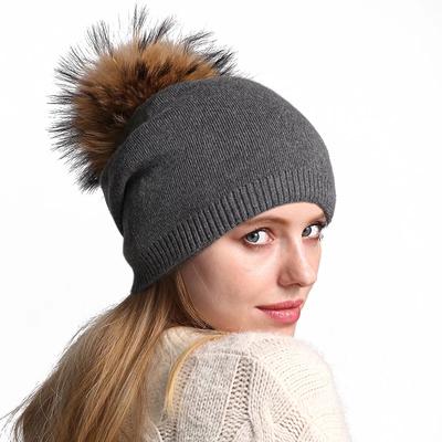 Hat Soft Autumn Winter Pompom Beanie Hat Women Wool Knitted Skullies Beanies Casual Female Cashmere Cap Real Raccoon Fur Pompom Hat