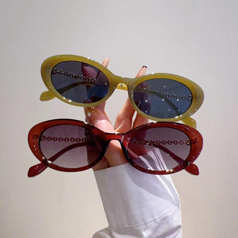 New In Luxury Brand Designer Small Frame Oval Sunglasses Women For Men Vintage Fashion Sun Glasses Punk Metal Chain Shades Uv400