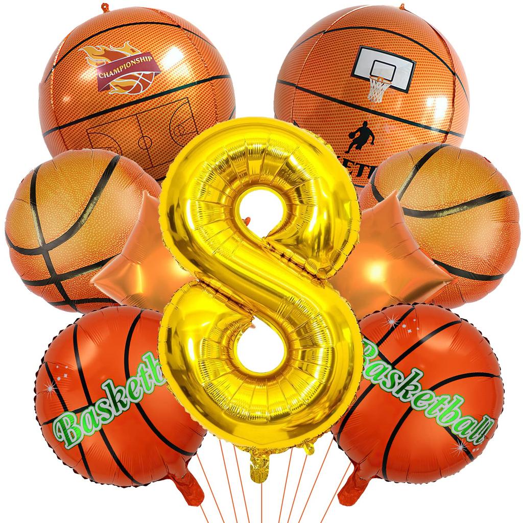 9Pcs Basketball Digital Balloon Set 22in 4D Sphere Balloons With 40 Inch Number Sports Basketball Themed Birthday Party Supplies