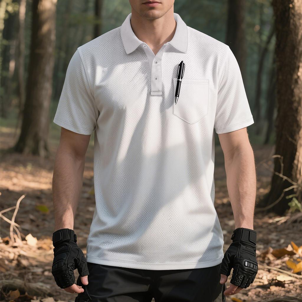 European and American Men's Summer Solid Color Lapel Loose Quick-drying Outdoor Tactical Pocket Short-sleeved Bird's Eye POLO Shirt T-shirt Men