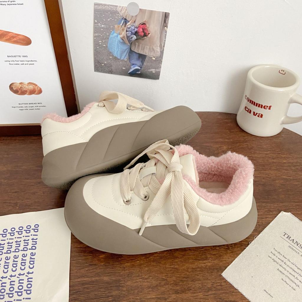 Milk White Velvet Female Ugly Cute Winter New Chic Niche Cotton Shoes Big Head Two Cotton Bread Shoes Board Shoes