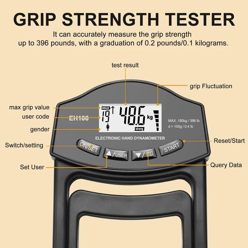 396Lbs/180Kg Grip Strength Tester Digital Hand Dynamometer USB LCD Screen Hand Grip for Power Training Sport