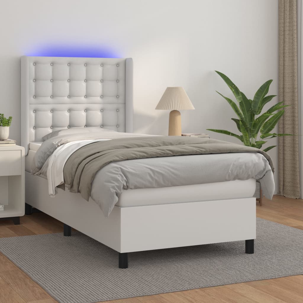 Vidaxl Łóżko Kontynentalne Z Materacem I Led, Biała Ekoskóra 90X190 Cm