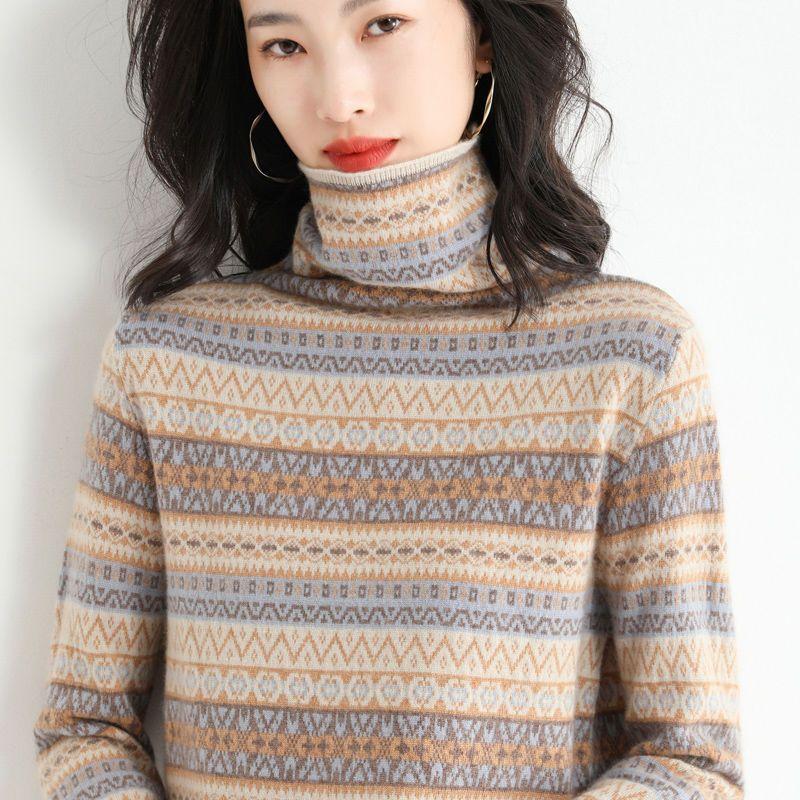 Winter New Turtleneck Long Sleeve Fashion Sweater Women High Street Casual Loose Printing Pullovers Elegant All-match Warm Tops