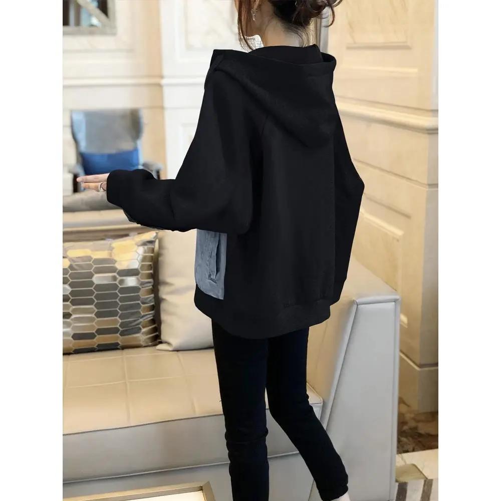 Female Spring Personalized Patchwork Denim Jacket with Temperament, Long Sleeved Hooded Baseball Jacket