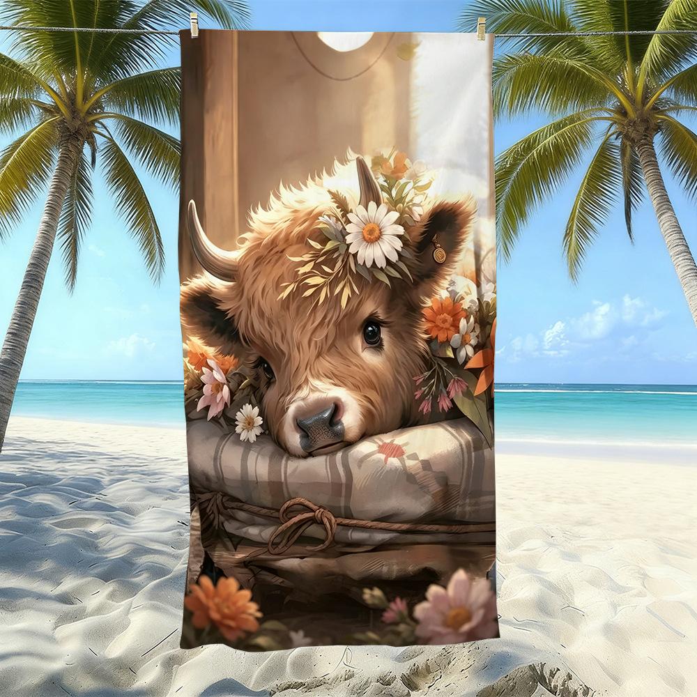 Europäisches und Amerikanisches Retro Hochlandrind Druck Strandtuch Mikrofaser Verdickt Wasseraufnahme Schnelltrocknend Outdoor Badetuch