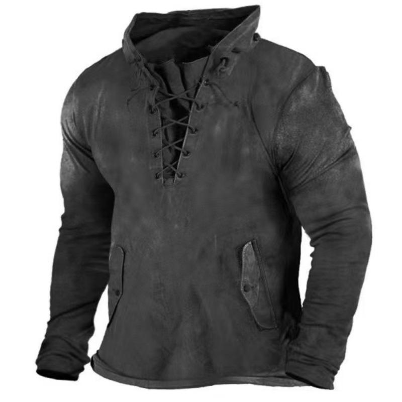 Men Vintage Washed Lace-Up Stand Collar Long Sleeve Shirt S чёрный