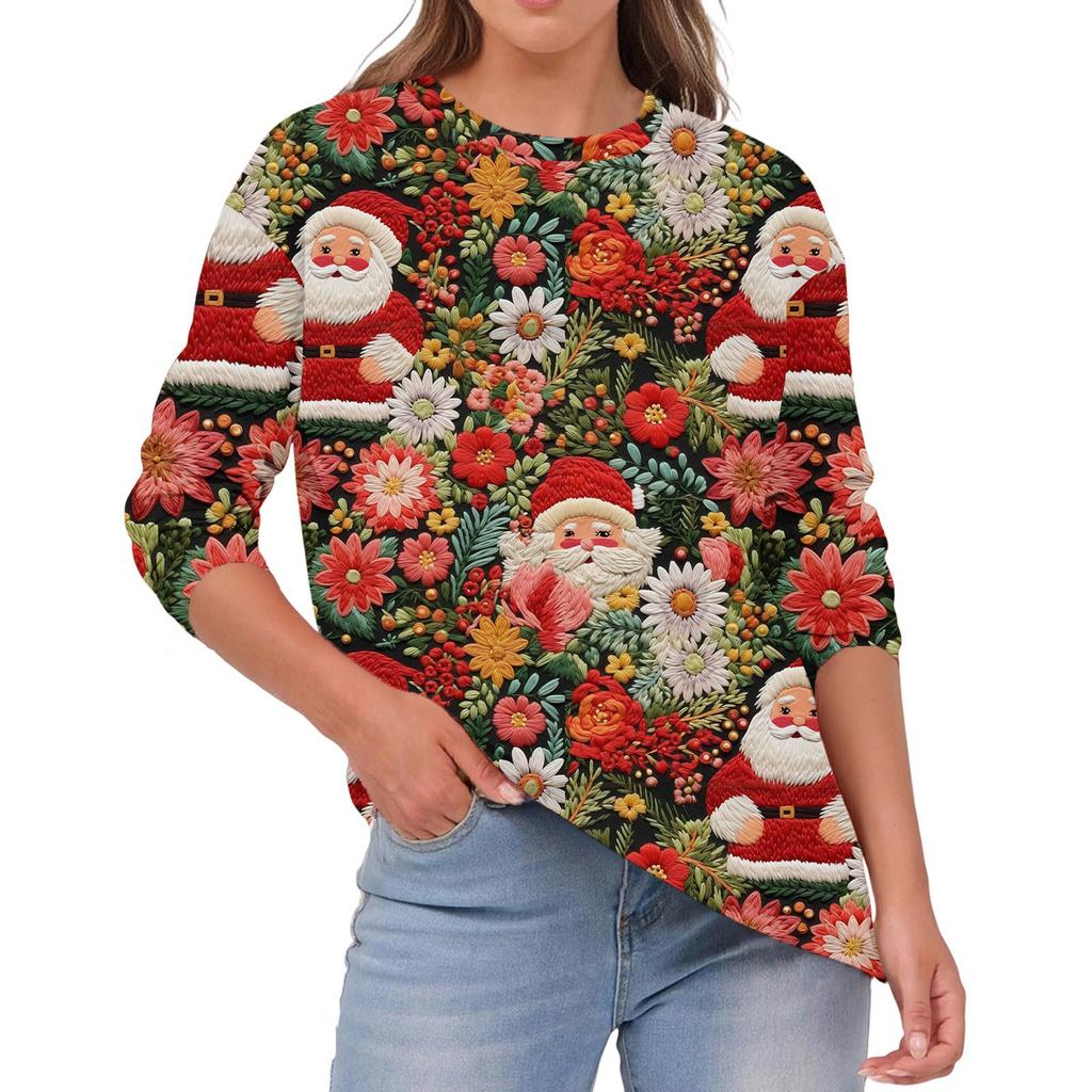 Women's Fashion Casual Christmas Print Round Neck Solid Color Long Sleeve Top
