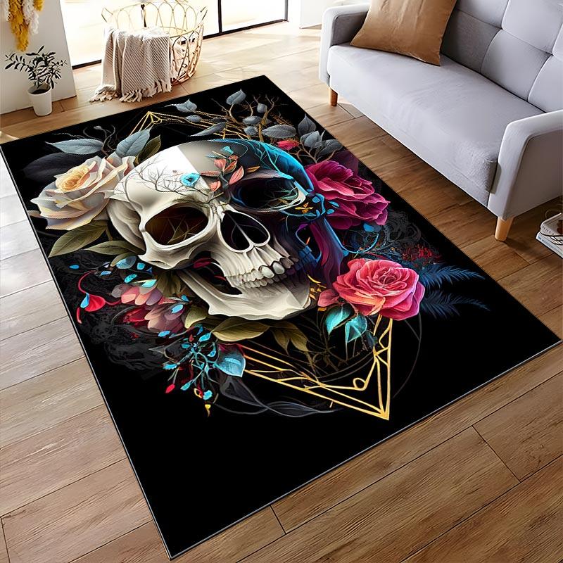 Schädel- und Blumenmuster-Teppich mit Rosen und abstrakten Elementen, geeignet als Antirutsch für Wohnzimmer, Schlafzimmer, Sofas