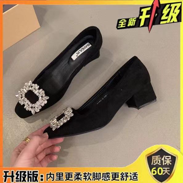 

Туфли-лодочки на грубом каблуке со стразами, французские, темпераментные, женские, весна-осень 2025, черные, квадратные, высокого класса, для поездок на работу 40