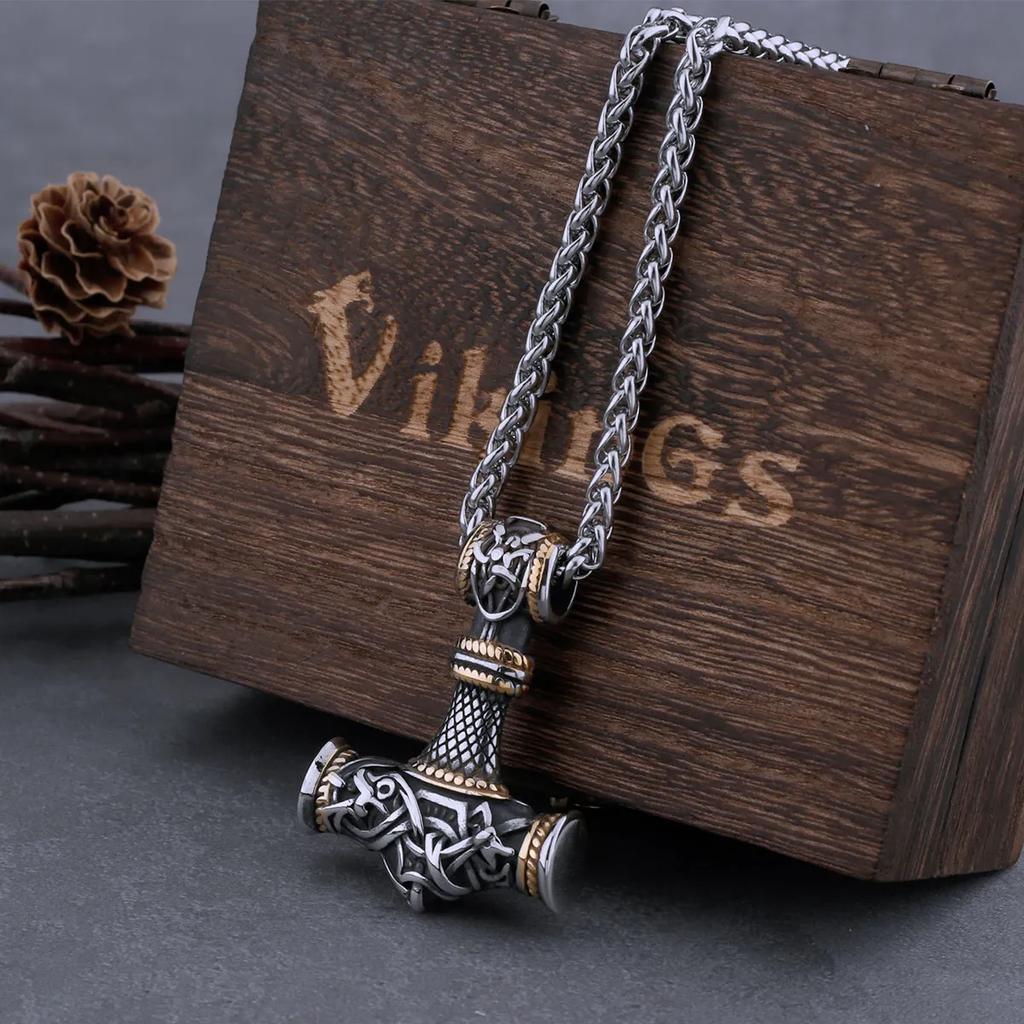 Rustfritt Stål Viking Vintage Tors Hammer Halskjede Menn Punk Biker Amulett Anheng Herresmykker Gave til Kjæreste