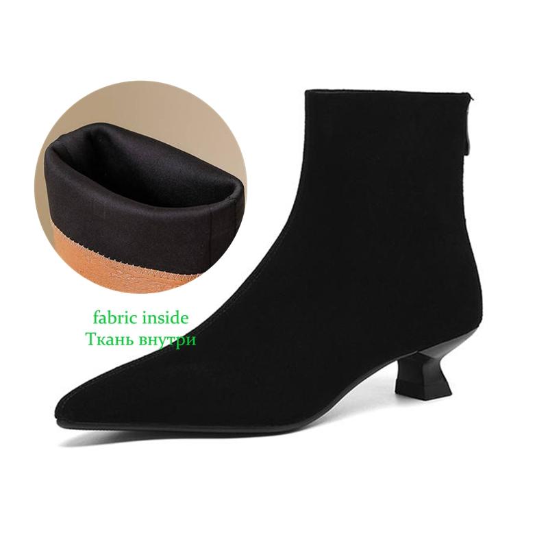 Krazing Pot Cow Suede Nubuck Winter Pointed Toe Preppy Style Stiletto Thin Med Heels Women Zip Women Ankle Boots