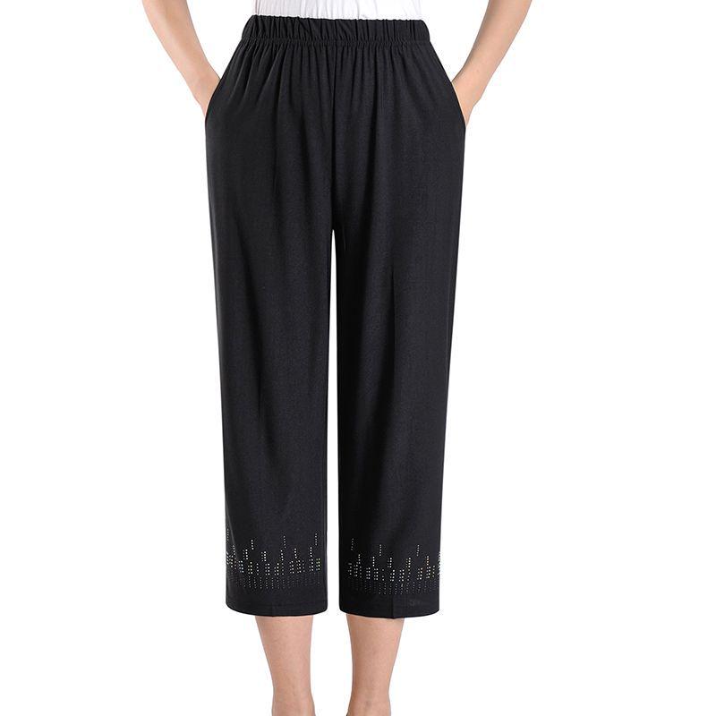 

Elastic High-Waist Loose Fit Pants for Middle-Aged and Elderly Women - Plus Size, Lightweight, Seven-Point Length, Grandma Style XL (85-110 lbs) чёрный/чистый