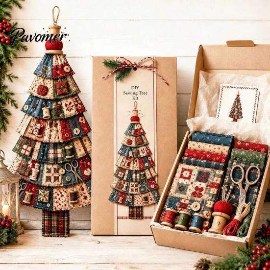 Cadeau d'artisanat de Noël pour adultes Kit d'arbre patchwork surdimensionné à faire soi-même, Ensemble d'assemblage en tissu à carreaux rétro Art des fêtes et avec des ornements suspendus Maison