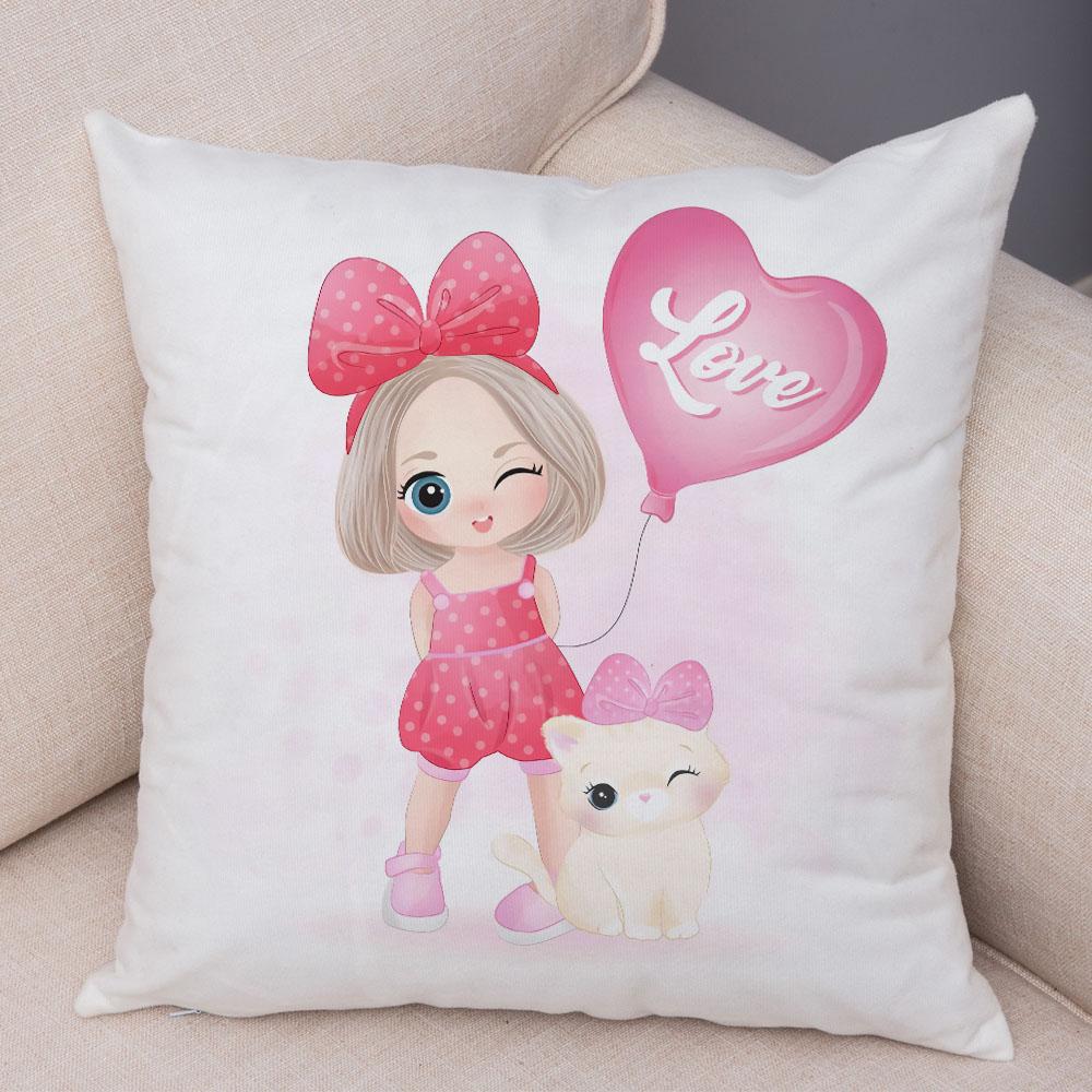 Lovely Girl and Cat Pillowcase Decor Cute Cartoon Child Cushion Cover Pillow Case for Children Room Sofa Home Car 45x45cm