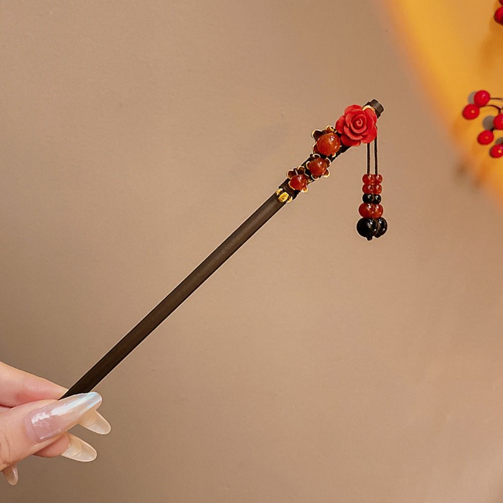 Red Hanfu Hairpin Tassel Wooden Hair Stick Classical   Hanfu Accessories