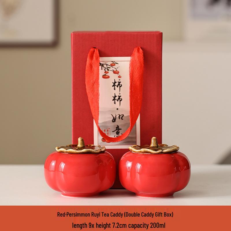 Charming Persimmon Ruyi Ceramic Tea Box & Mini Candy Jar Gift Set