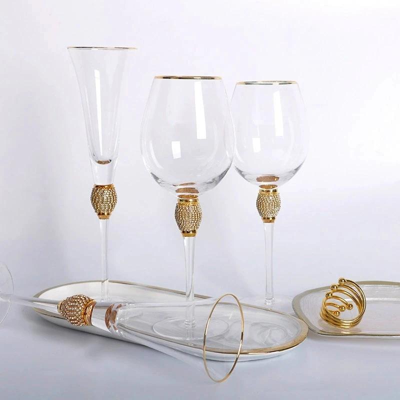 European Luxury Diamond-Embellished Gold Rim Wine Glasses Champagne Cocktail Crystal Stemware Set for Home Bar Party ElegantGift