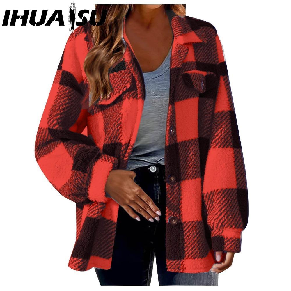 

IHUASU Женские винтажные повседневные куртки и пальто с клетчатым принтом, с длинным рукавом, с воротником поло, на осень-зиму XXXXXL