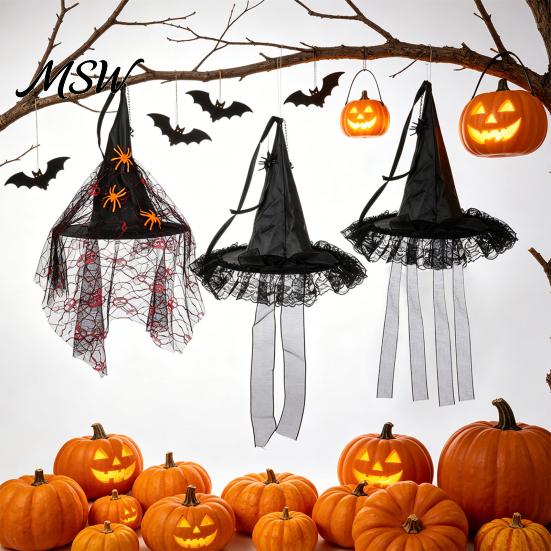 Halloween Witch Hat Decorations Hanging Decor, Spider Web Ribbon Prop Wizard Decor for Party, Dark Costume Accessory Masquerade Party Accents