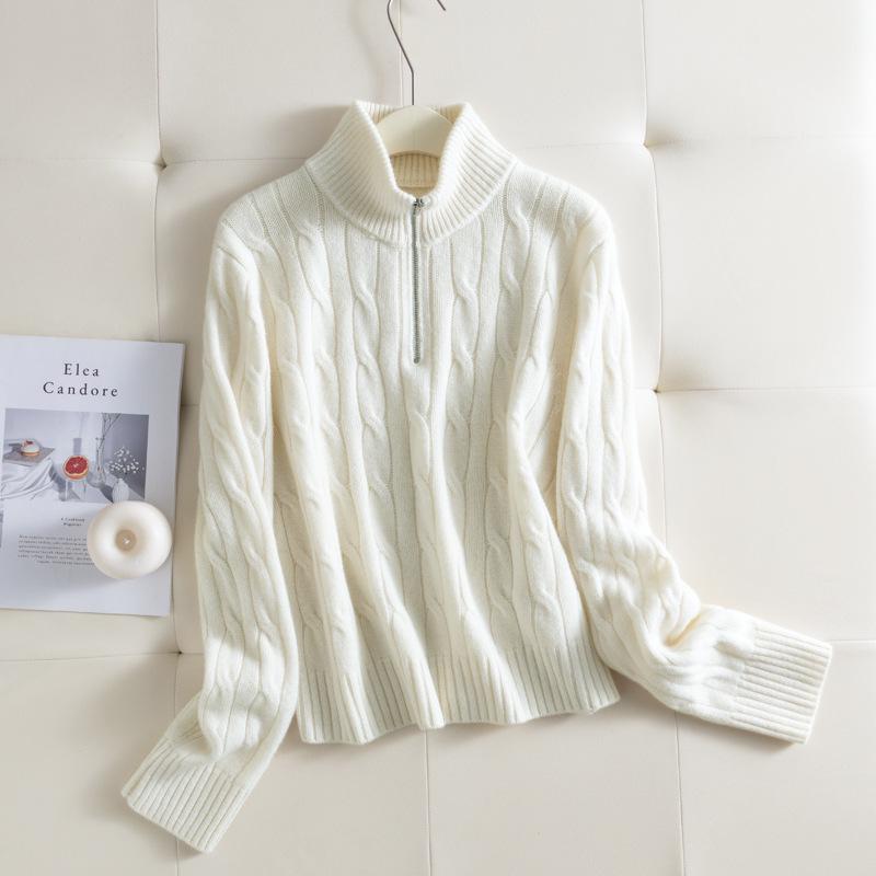 2025 Puyuan Autumn/Winter Wool Cable Knit Stand Collar Zip-Up Sweater for Women - Soft Texture